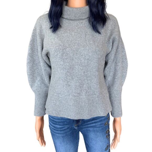 Halogen Gray Puff Sleeve Turtleneck Medium Merino Wool Alpaca Blend Knit - Picture 1 of 6